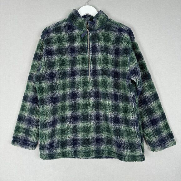 Lands' End Womens Jackets Large Green Fleece Plaid Half Zip Retro Countrycore - Picture 1 of 13